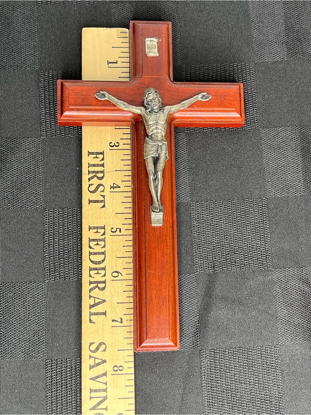 Vintage Wooden Wall Crucifix with Silver Tone Metal. 7.5" Tall